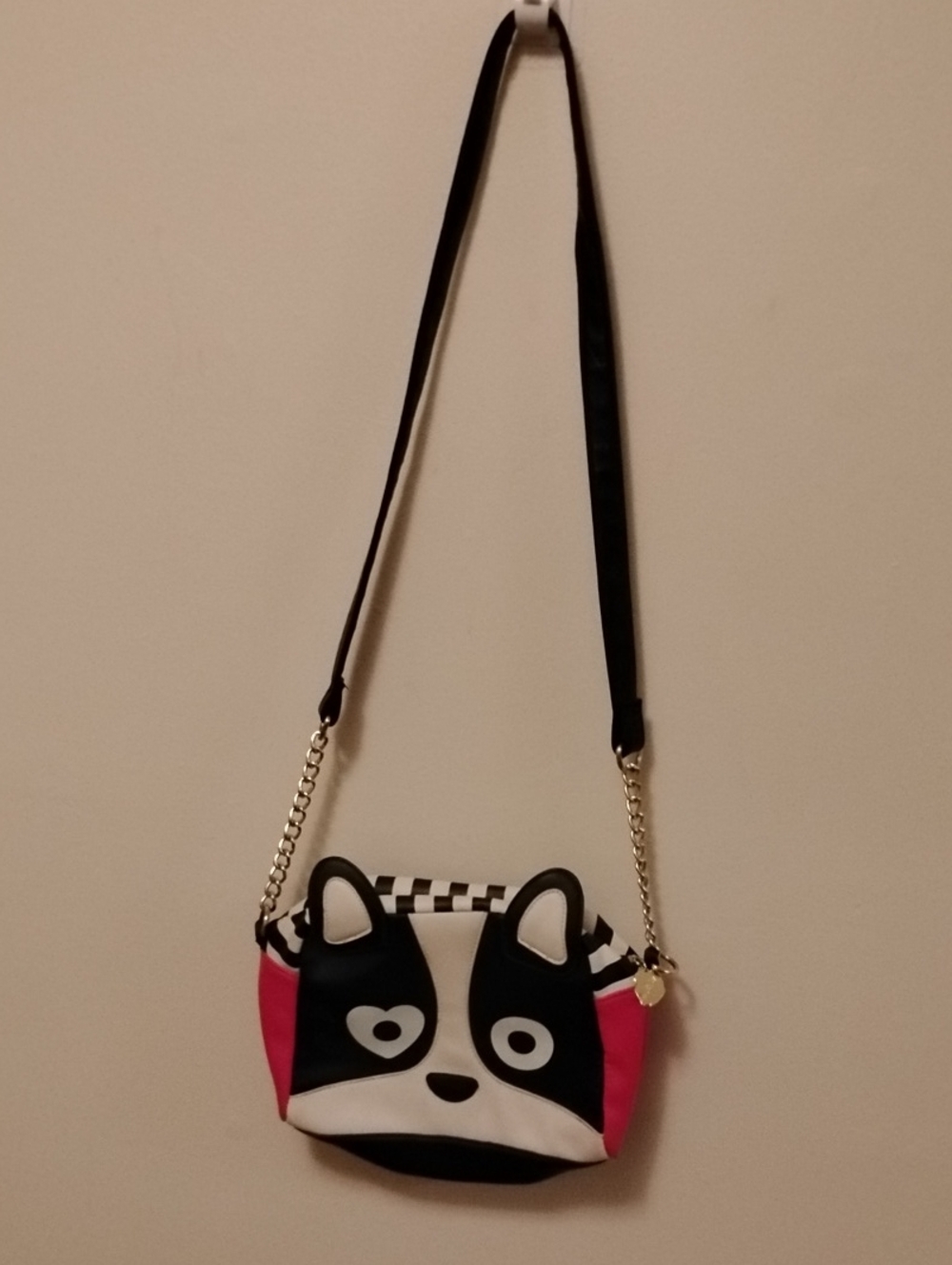 Betsey Johnson Black White Pink Puppy Shoulder Bag with Chain Strap